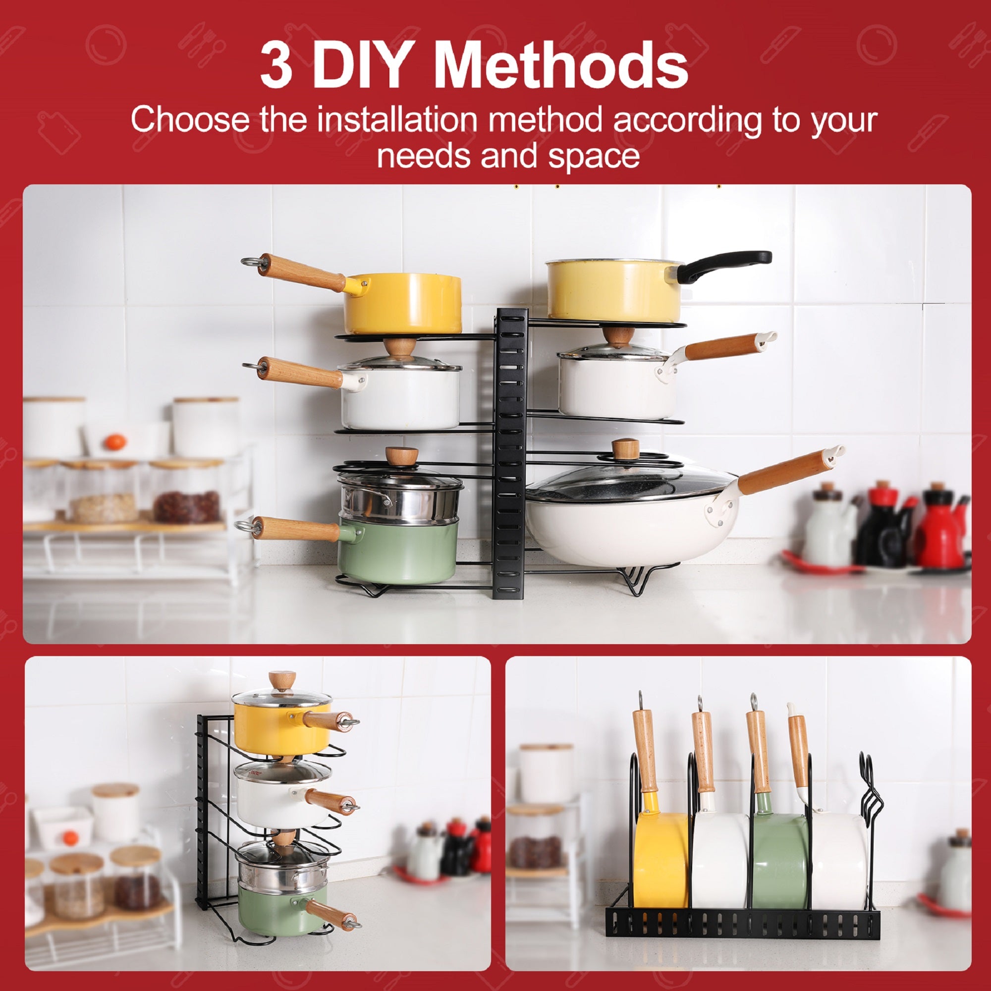 Adjustable Kitchen Pot Rack Storage Organizer Space Saving Rack